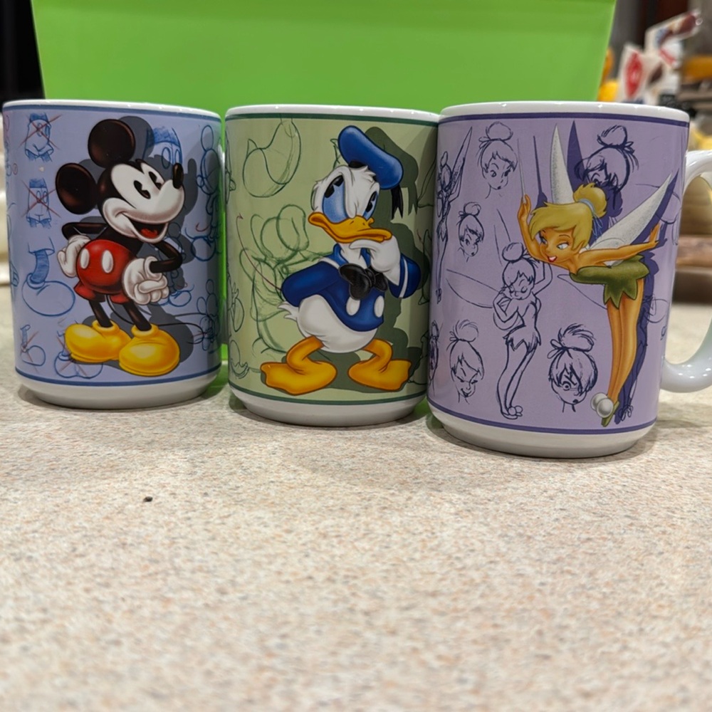 3- Vintage Disney Store Animation Art Ceramic Mugs  4.5”
Donald, Mickey,Tink